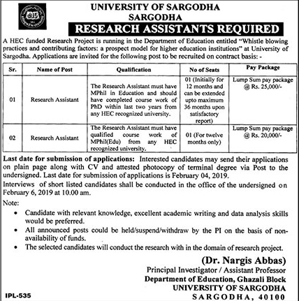 University Of Sargodha Announced Jobs in Sargodha