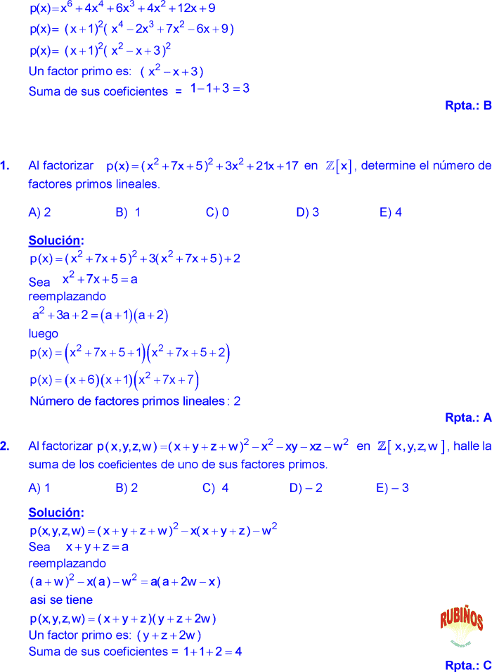 FACTORIZACIÓN DE POLINOMIOS FÓRMULAS Y PROBLEMAS RESUELTOS