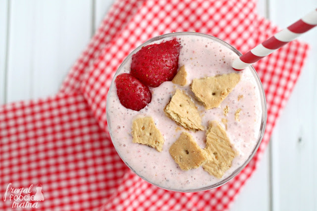 Creamy low-fat yogurt, sweet frozen strawberries, reduced-fat cream cheese and graham crackers are blended into this satisfying Strawberry Cheesecake Smoothie.