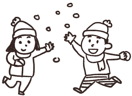 雪合戦のイラスト「雪遊びをしている男の子と女の子」 白黒線画