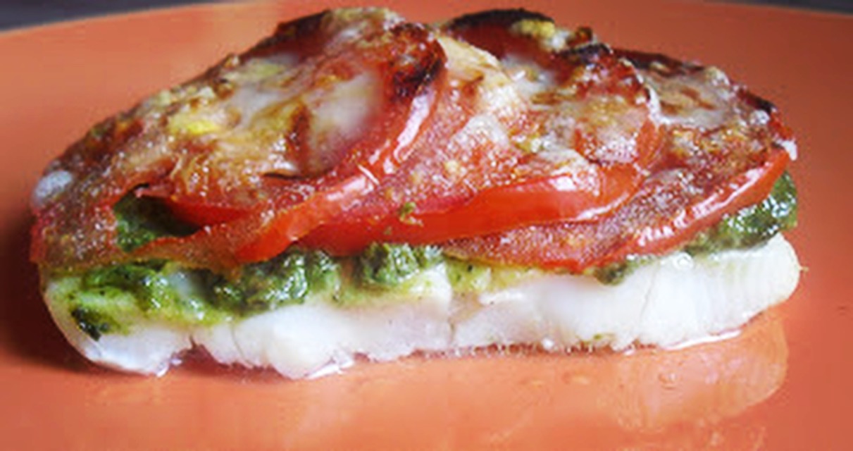 Pesto Halibut with Roasted Tomatoes