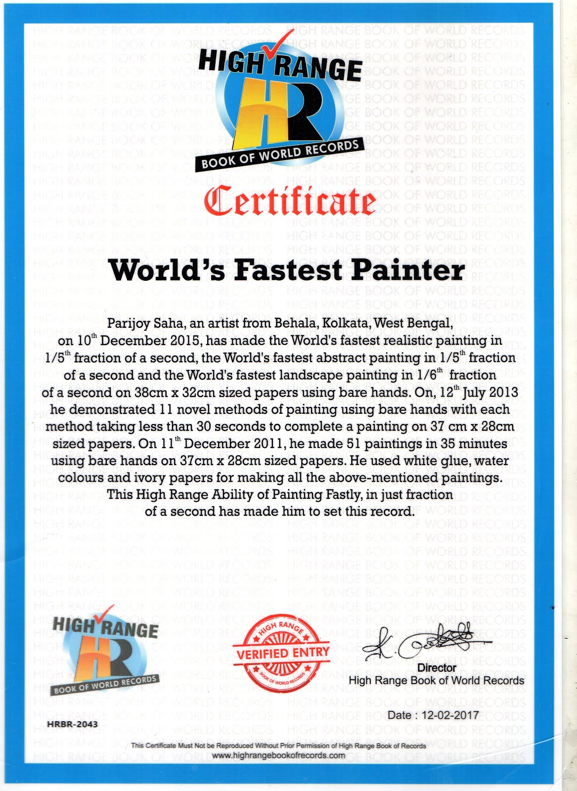 World's fastest painter certificate