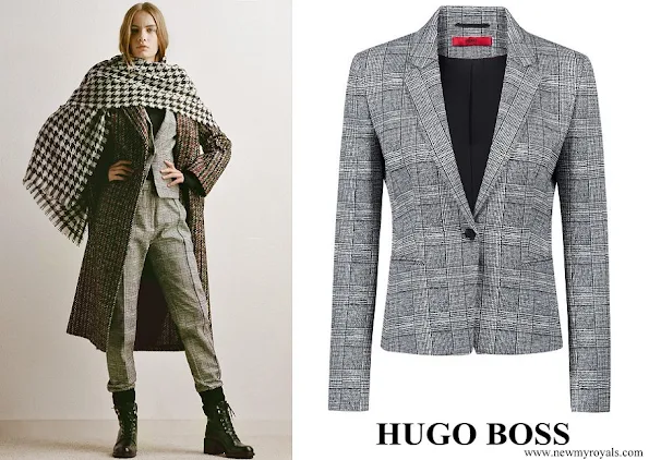 Queen Letizia wore Hugo Boss patterned slim-fit blazer in black and white check