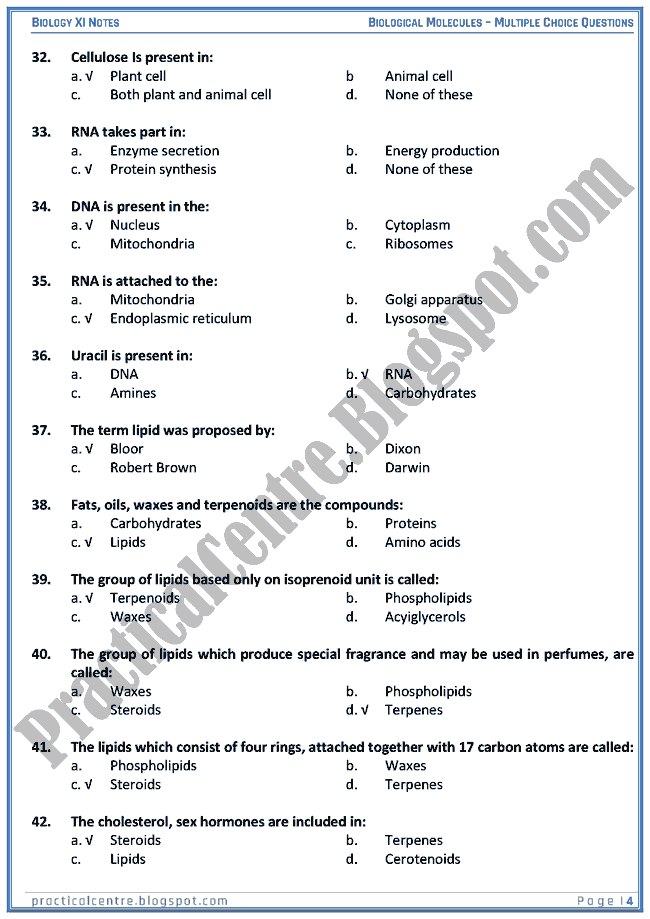Biological Molecules Multiple Choice Questions (MCQs) Biology XI