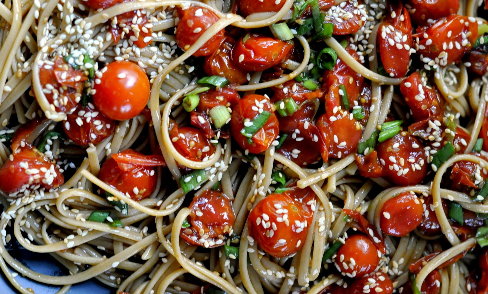 Whole Wheat Linguine with Roasted Tomatoes and Asian-Inspired Vinaigrette | Taste As You Go
