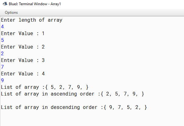 Displaying Numbers in Ascending and Descending Order using array