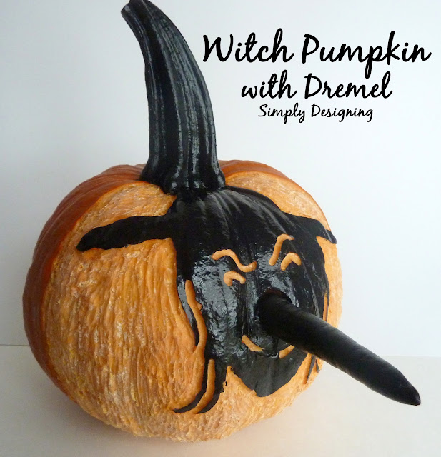 Witch Pumpkin Carved using a Dremel and Painted | Simply Designing #halloween #pumkins #pumkincarving #witch #dremel #ilovepowertools 