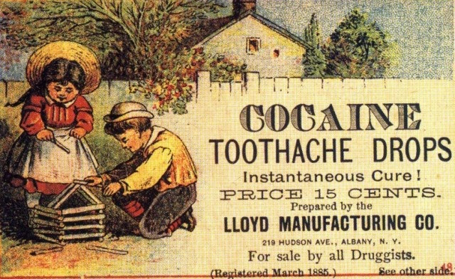Propaganda de drops de cocaína em 1885. Cura para a dor nos dentes.