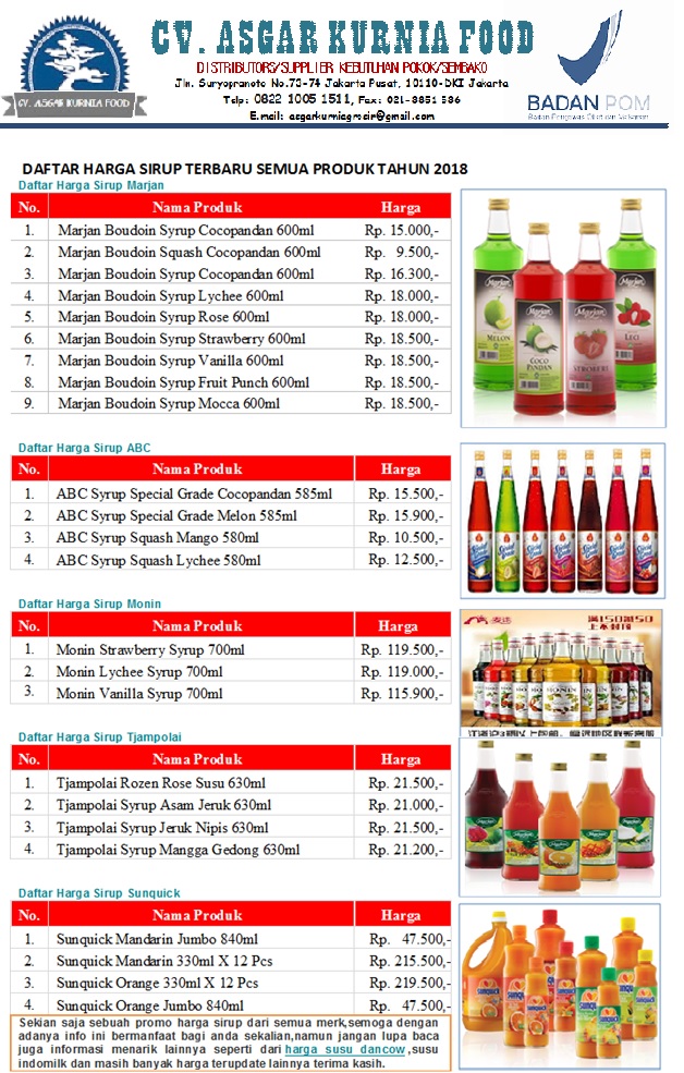 Cv Asgar Kurnia Food Harga Sirup Terbaru Semua Produk Tahun 2020
