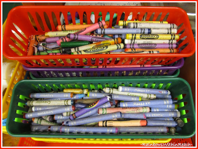 photo of: Crayons in Bins (Organizational RoundUP via RainbowsWithinReach) 
