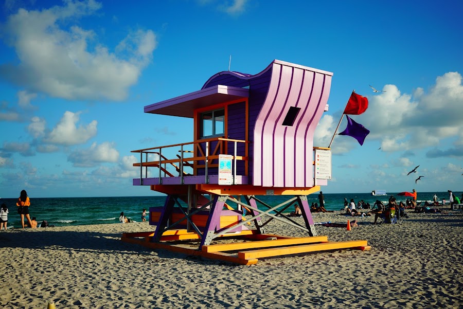 Colorful baywatch towers in South Beach Miami