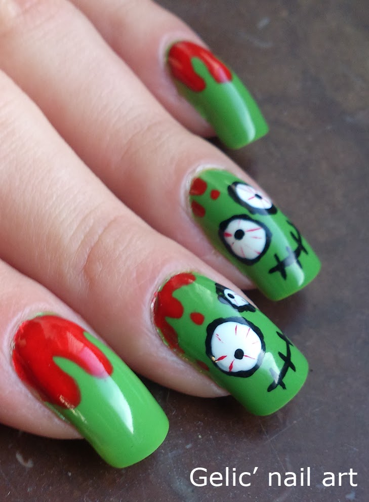 Gelic' nail art Cute n’ crazy green bloody zombie nail art