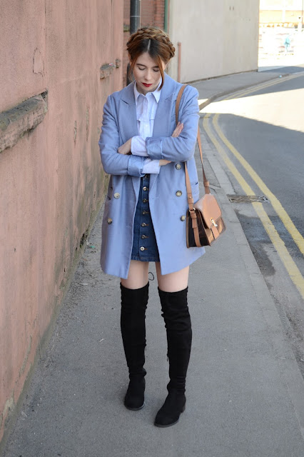 Blue prairie shirt from Marks and Spencer, Alexa Chung style, Thigh high black suede boots from Public desire, Denim skirt, Light blue jacket from Asos. 