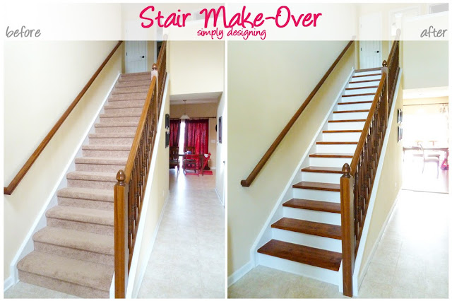 Collage Photo of stairs before with carpet and stars after stained and painted
