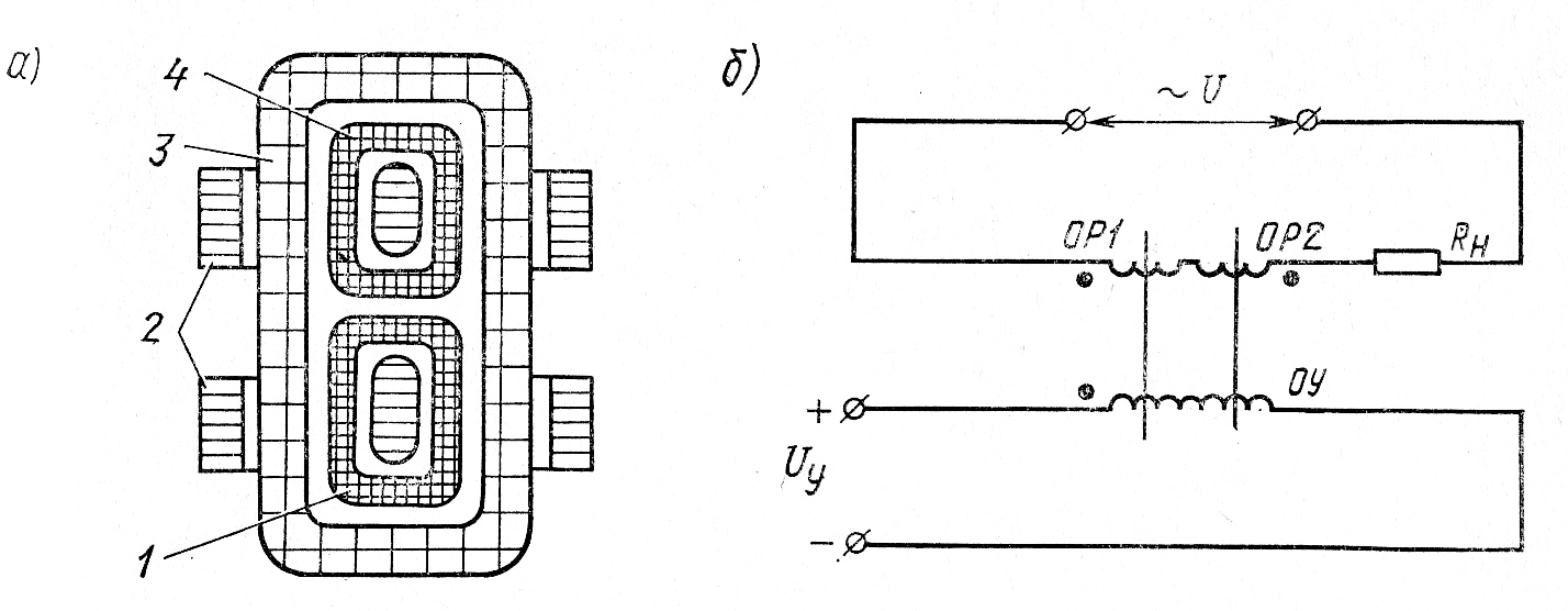 Устройство (а) и схема включения (б) магнитного усилителя