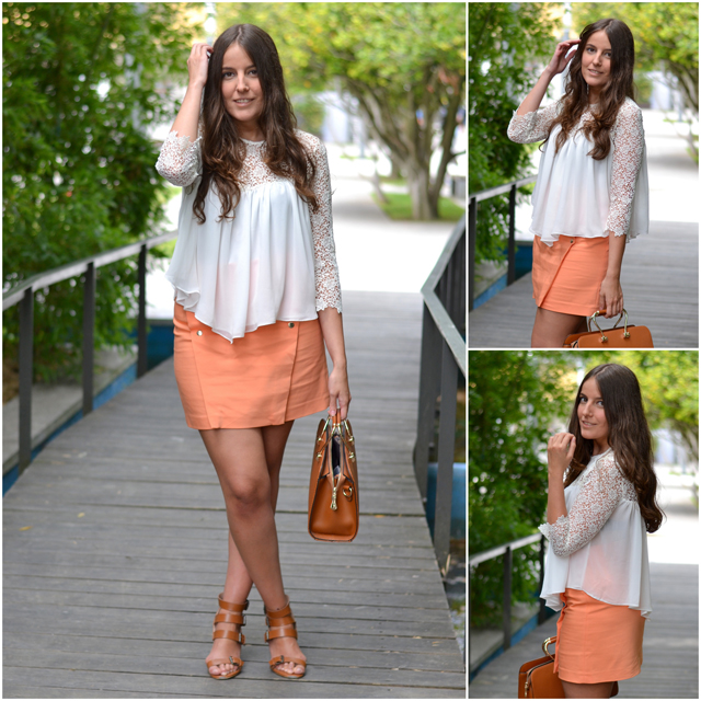 orange skirt zara, white top, camel sandals, seekmoon
