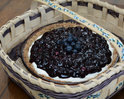 Blueberry Cheesecake Pie ♥ KitchenParade.com, a press-in almond crust, no-bake cheesecake filling plus homemade blueberry pie filling.