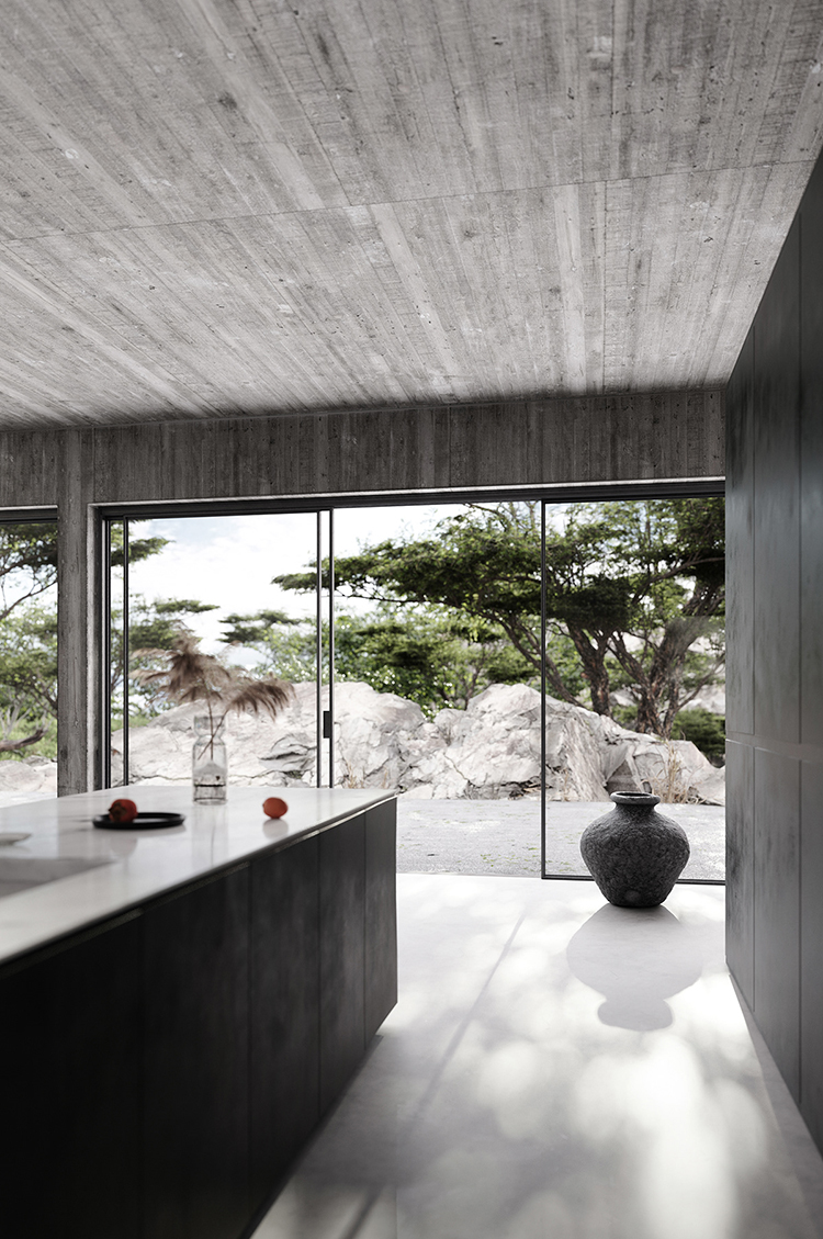 Contemporary Home With Bare Concrete Walls And A Black