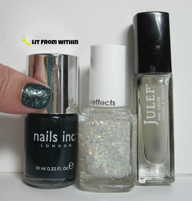 Here's the bottle shot of my first attempt:  Nails Inc Kensington, Essie Sparkle On Top, and Julep Matte Top Coat.