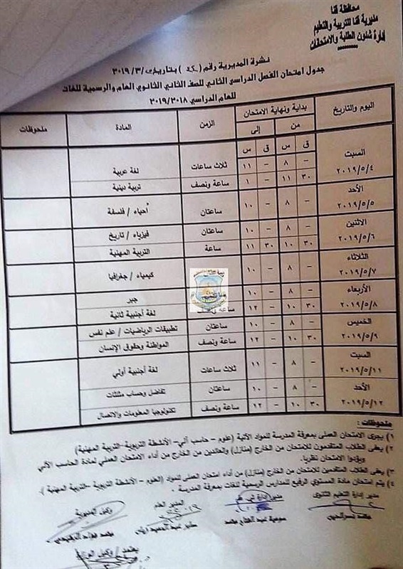 جداول امتحانات الترم الثاني 2019 محافظة قنا 146