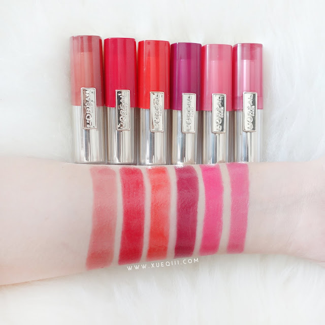 L'Oreal Shine Caresse CC Genius Balm Swatches - Daydream Beige, Fearless Red, Runway Orange, Drama Burgundy, Statement Pink, Ispahan Rose