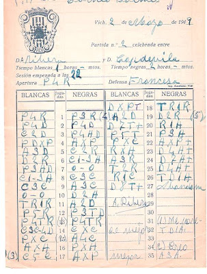 Planilla original de la partida Ribera-Capdevila, Torneo Regional de Ajedrez de Vic 1949