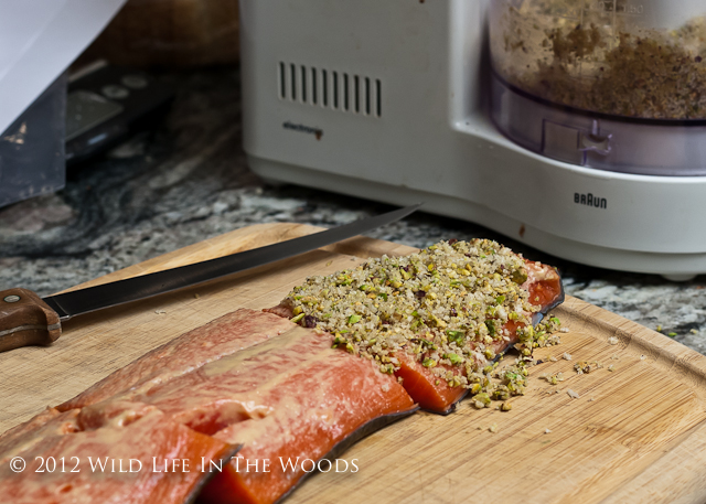 A salmon recipe that is first pan roasted, then finished in the oven. The crust, consisting of simply Dijon mustard and pistachios is perfection.