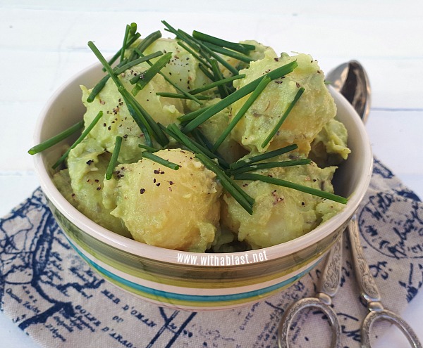 A Delicious twist on plain old Potato Salad - Tender baby potatoes in a creamy Avocado sauce - NO Mayo !