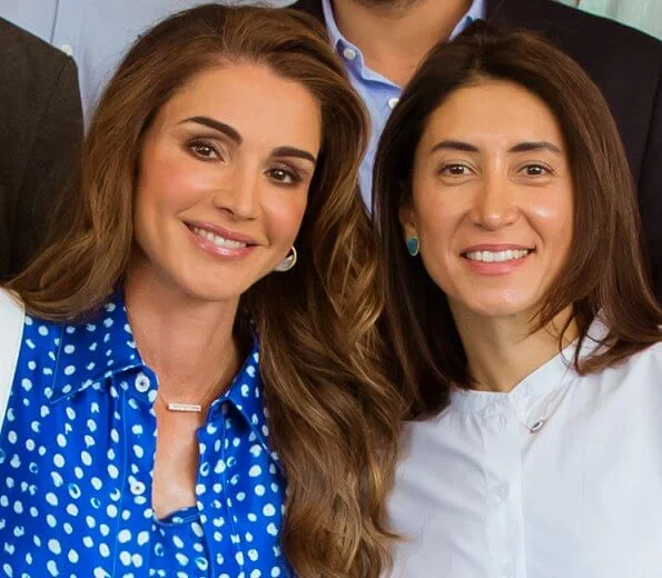 Queen Rania wore Marni Polka-dot cupro dress. Marni, cupro top skirt and shirt. She wore Christian Dior songe perspex heel blue pumps