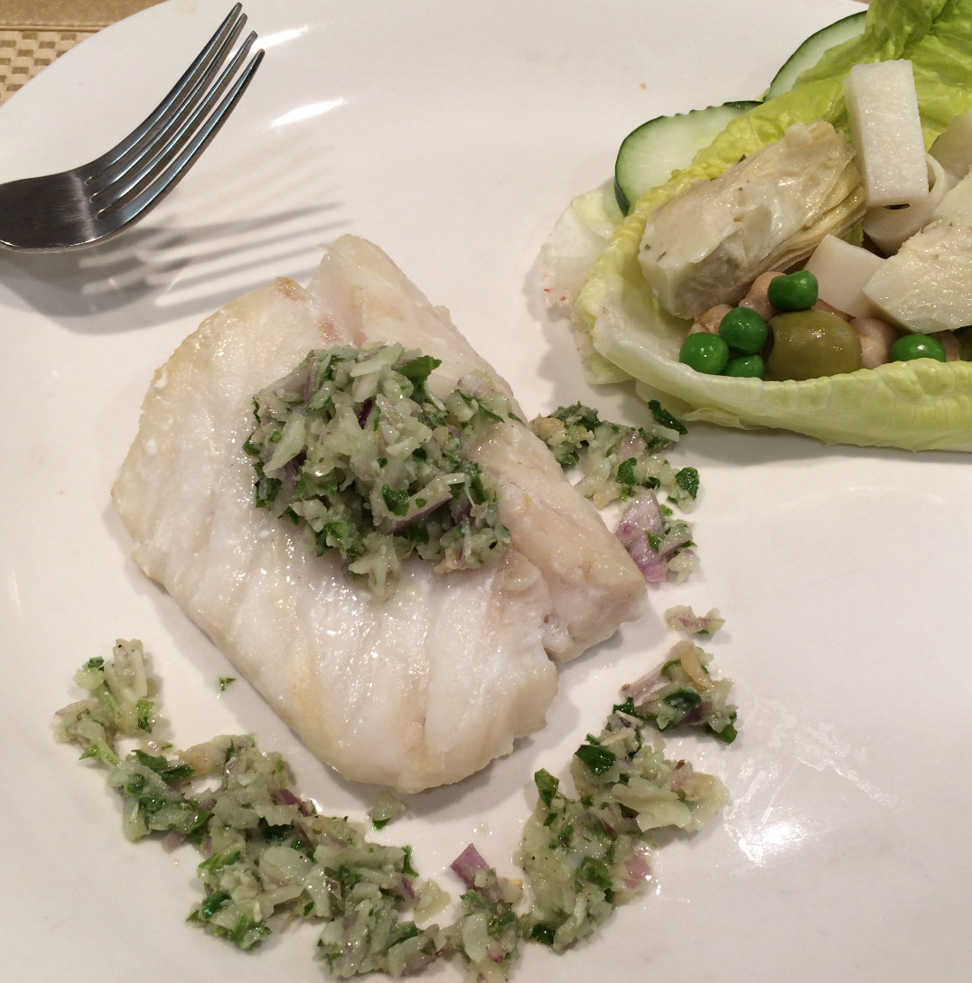 Mystery Lovers' Kitchen Fish and Basil Pesto sauce recipe from author