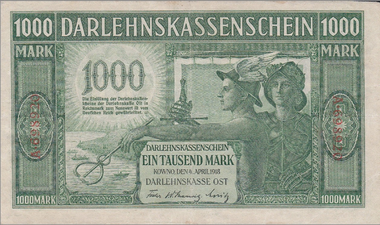 German Ostmark 1000 Mark Banknote Darlehnskasse Ost Kowno 1918 World 1000-deutsche-mark-banknote-1980-coins-banknotes-pictures-bank