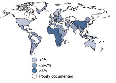 ilustrasi gambaran penyebaran hepatitis B di seluruh dunia dengan persentase prevalensi tiap negara