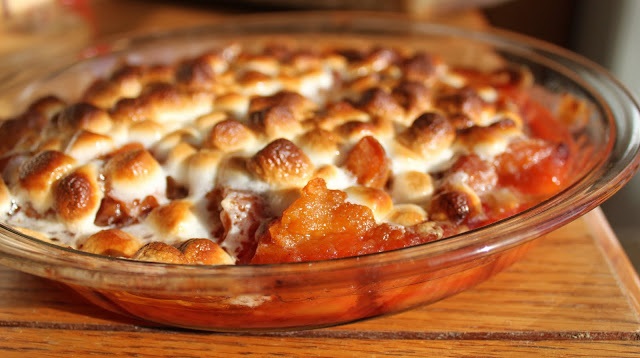 baked sweet potato casserole with a hint of Amaretto for the Thanksgiving table
