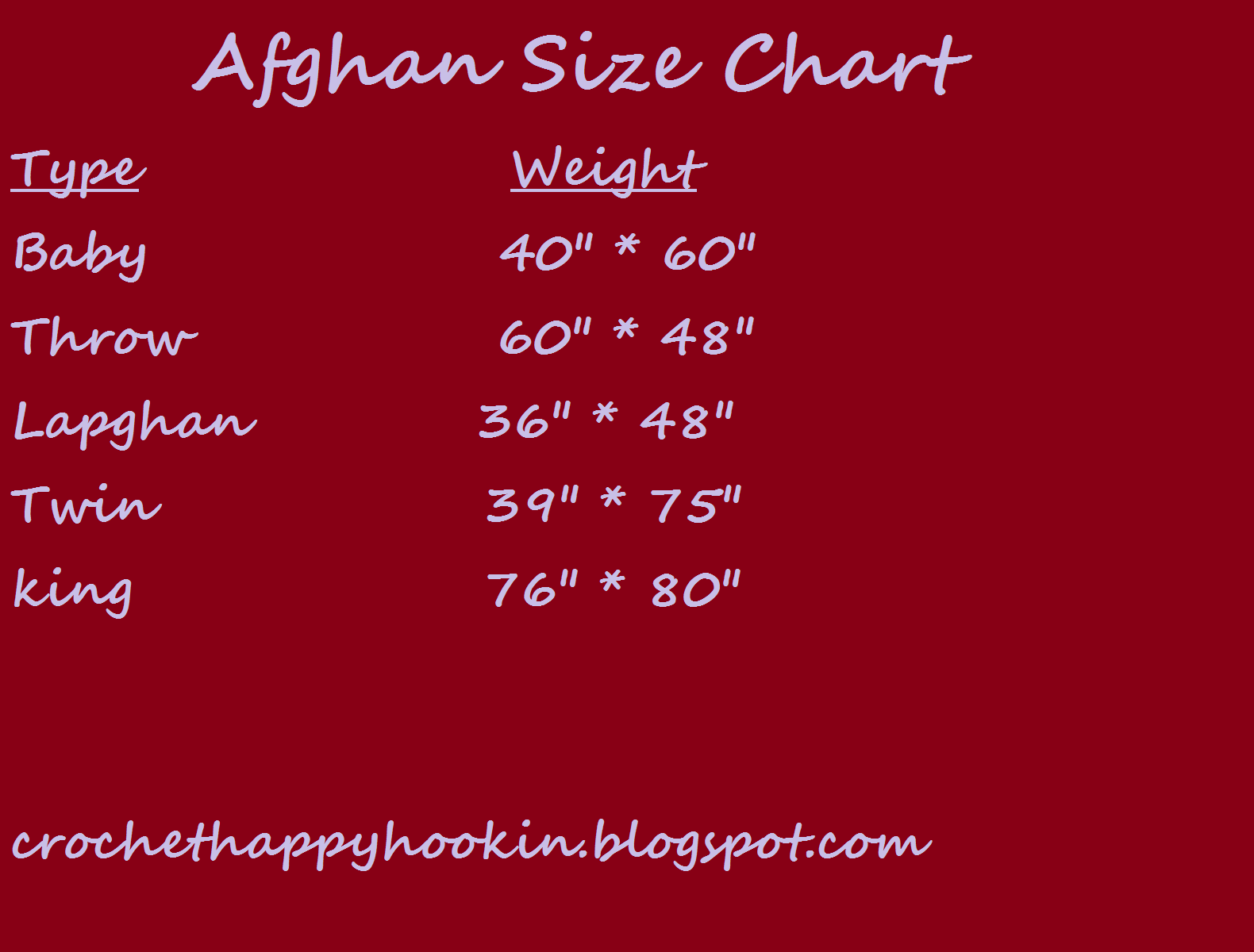 Afghan Size Chart