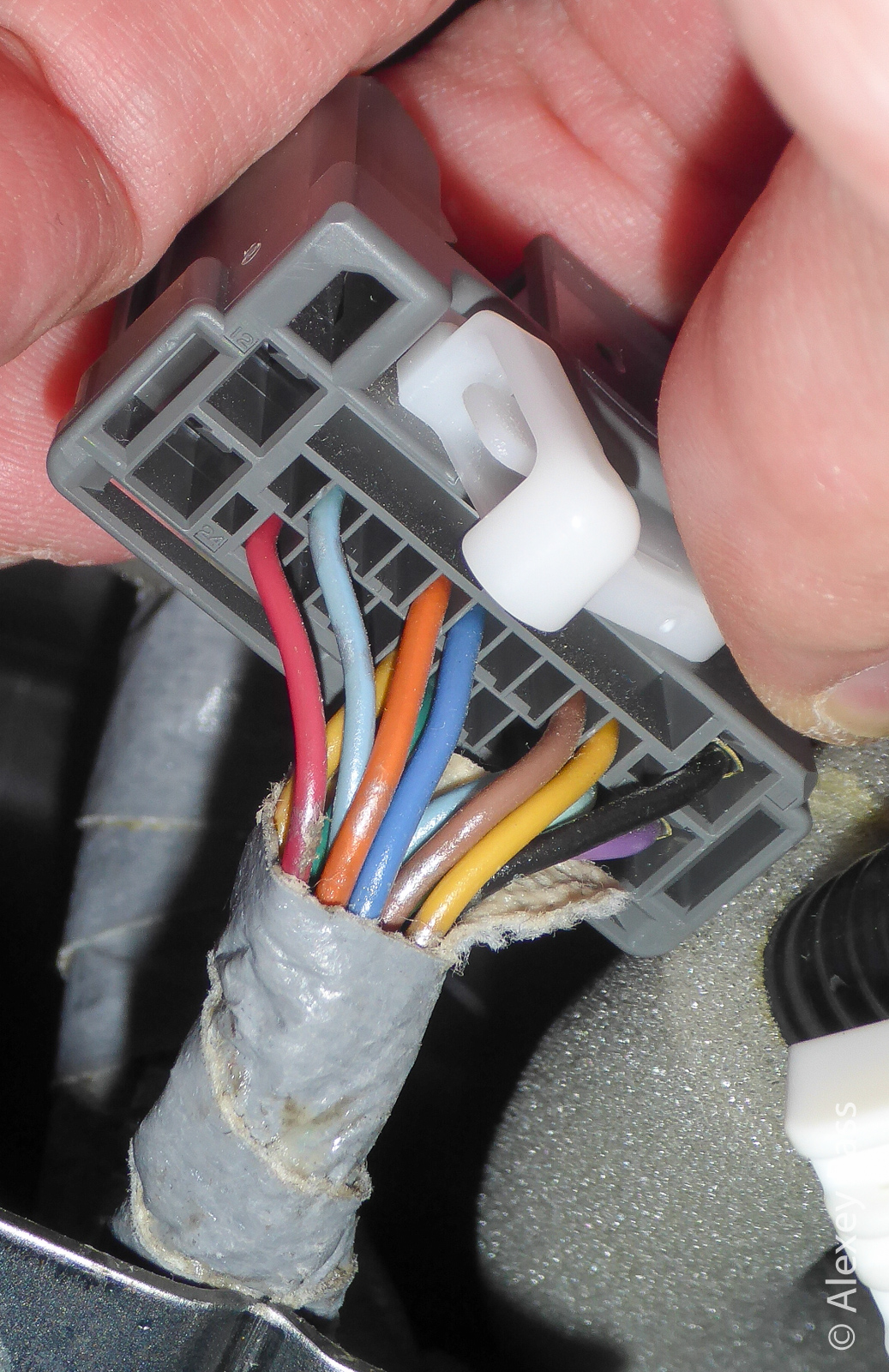 Below are Honda's main connectors. Big one with power supply and speakers output.
