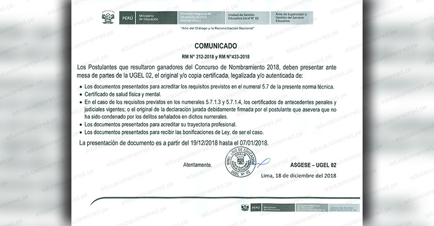COMUNICADO: Los Ganadores del Concurso de Nombramiento Docente 2018, Presentar los Siguientes Documentos en Mesa de Partes COMUNICADO: Los Ganadores del Concurso de Nombramiento Docente 2018, Presentar los Siguientes Documentos en Mesa de Partes