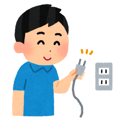 コンセントを抜いている男性のイラスト（節電）