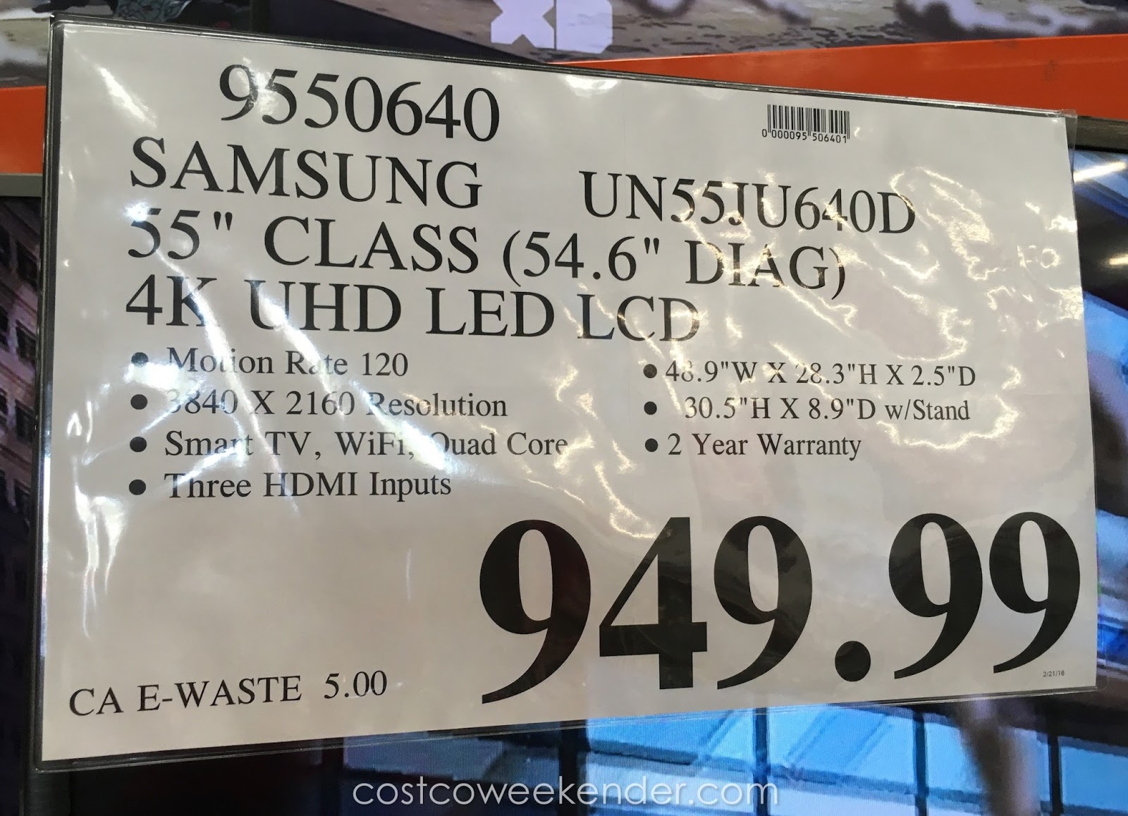 Samsung UN55JU640D 55 inch UHD LED LCD TV Costco Weekender