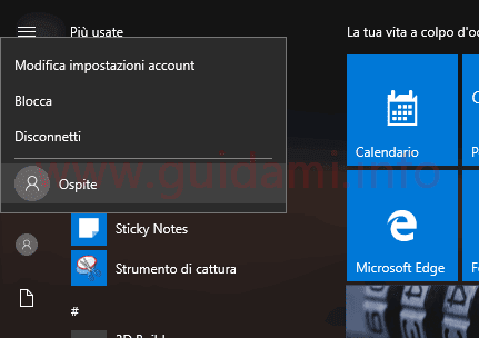 Windows 10 passare a account Ospite da menu Start Windows 10 passare a account Ospite da menu Start