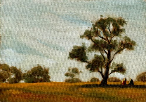 Oil painting of two figures sitting in the shade of a eucalypt early on a sunny afternoon.