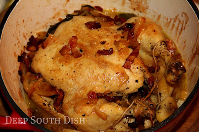 Whole chicken, slow-roasted in a covered Dutch oven, with bacon, onion & potatoes. Add a nice garden salad & a loaf of warmed French bread for sopping up those marvelous pan juices.