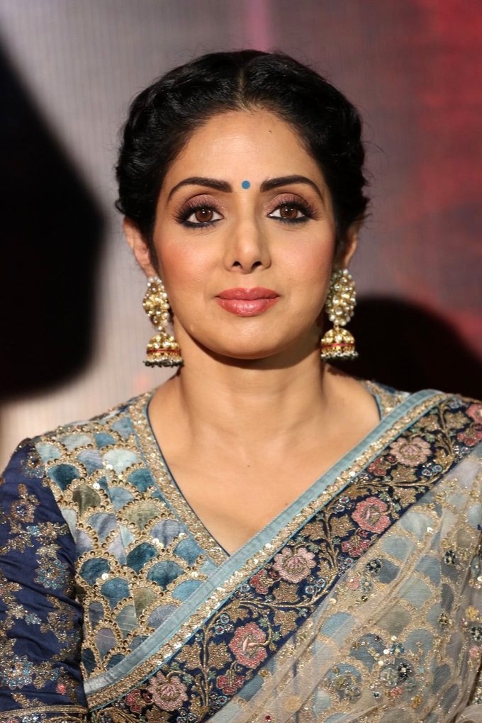 Actress Sridevi Kapoor Stills In Blue Saree At Mom Hindi Movie Trailer Launch