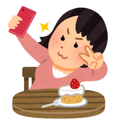 食べ物と自撮りをする人のイラスト