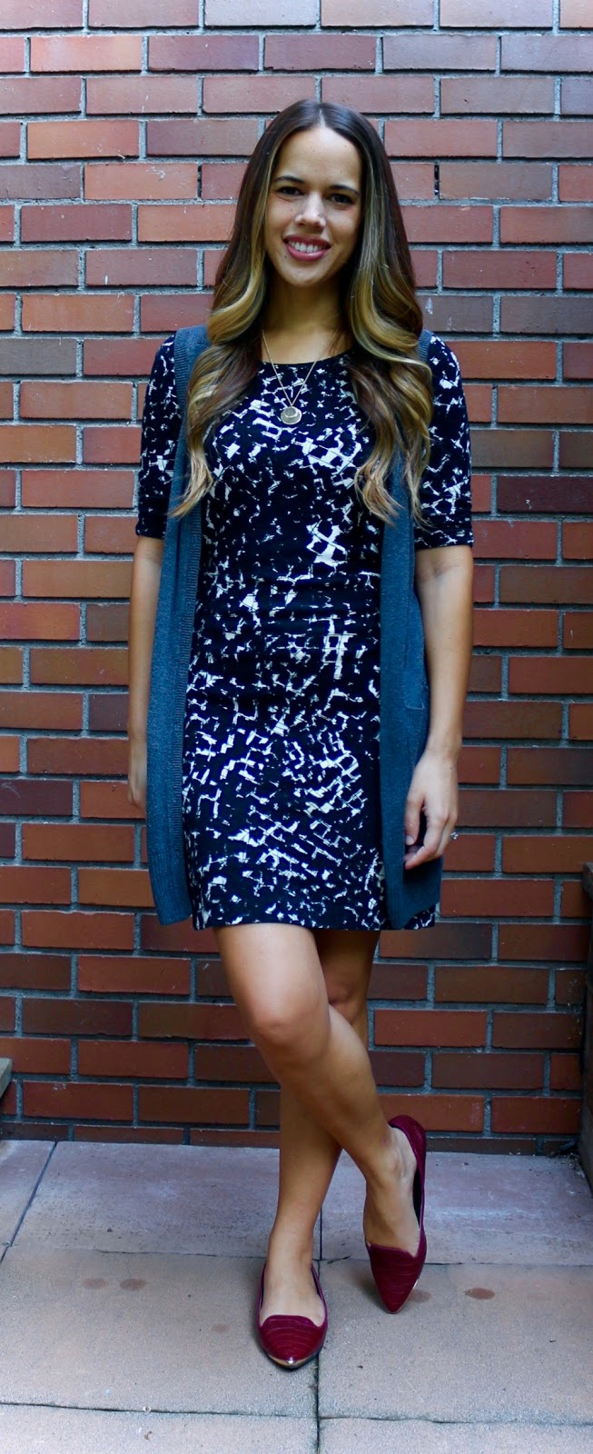 Jules in Flats - Patterned Dress with Vest (Business Casual Fall Workwear on a Budget) 