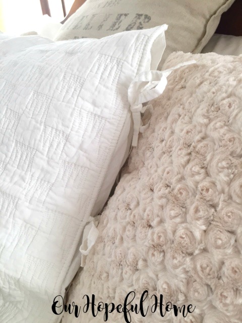 White bed pillow shams with tie closures