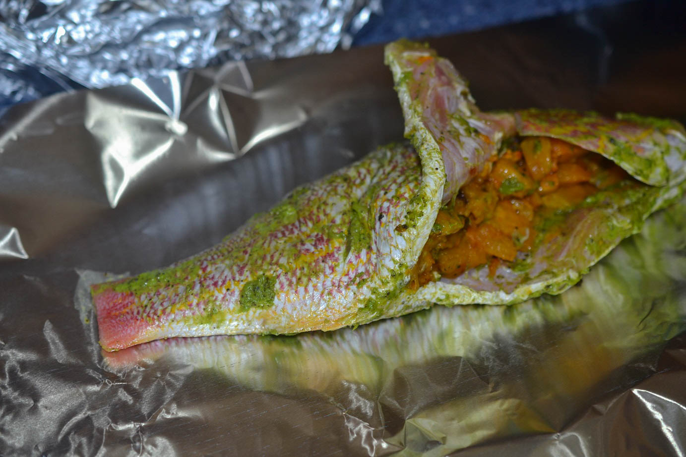 Greedy Girl Callaloo okra and pumpkin stuffed foil roast fish
