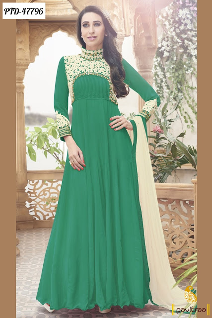 Diwali and Karva Chauth special Karishma Kapoor green chiffon anarkali salwar suit online shopping with discount offer price at pavitraa.in
