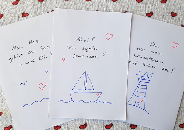 DIY: Maritime Valentinstagkarten - einfach und von Herzen! Diese schönen Karten mit Segelboot, Leuchtturm und Meer können auch Kinder basteln.