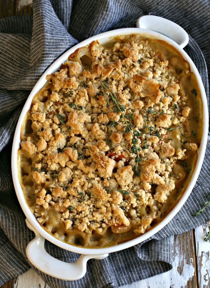 Vegetarian white bean casserole with a savory crumb topping.