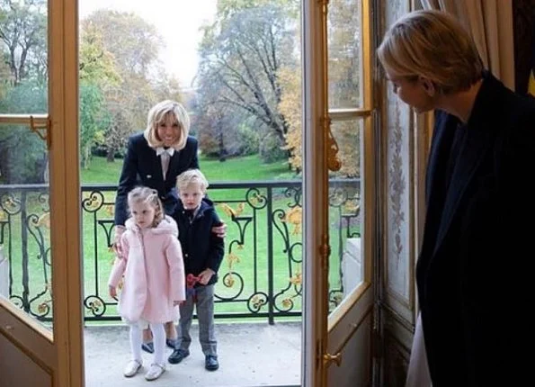 French First Lady Brigitte Macron, Princess Charlene and her twins Prince Jacques and Princess Gabriella at Elysée, Palace Paris